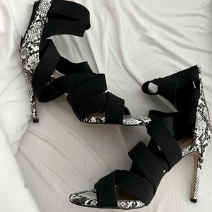 Black and white snake skin heels